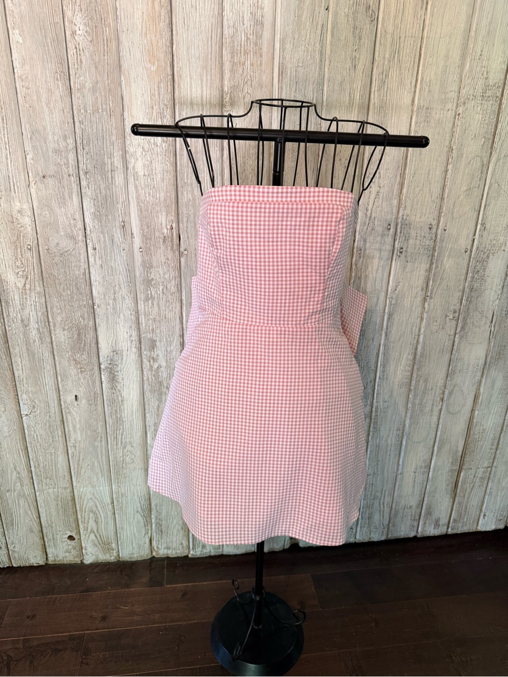 Altar'd State Pink and White Gingham Strapless Dress with Bow